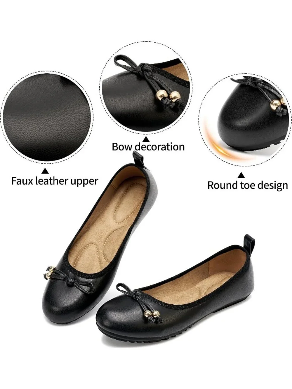 Women's Black PU Leather Round Toe Ballet Flats Slip-On Cushioned Comfort Shoes